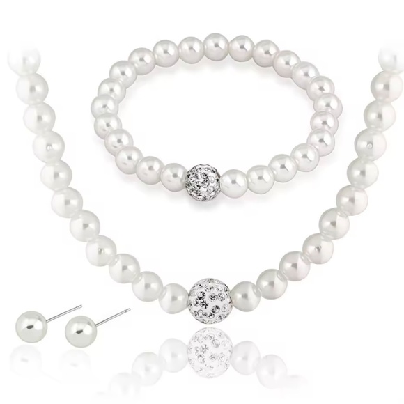✨ 3 PCS Imitation Pearl Fireball Necklace Bracelet Earring Stud Jewelry Set - Picture 3 of 4